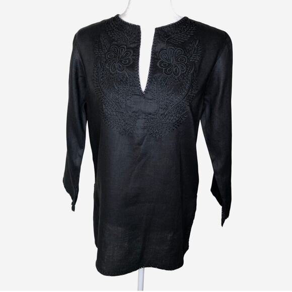 Lauren Ralph Lauren Black Linen Embroidered Tunic Top Blouse Beach Coverup Small - Picture 1 of 13